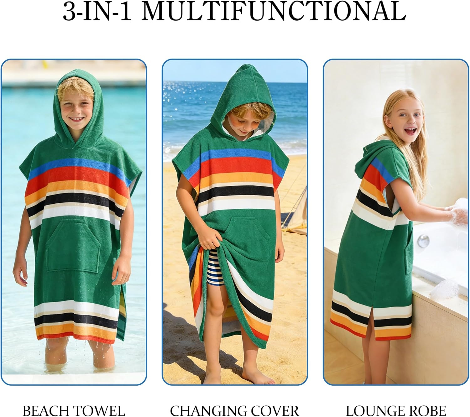 image:imageCatalonia Kids Hooded Poncho Towel for Surf Swim Absorbent Beach Wearable Towel for Teenagers Sand Proof Swim Changing RobeGreen Stripe