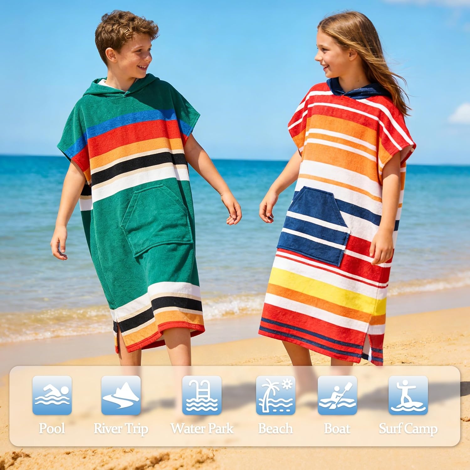 image:imageCatalonia Kids Hooded Poncho Towel for Surf Swim Absorbent Beach Wearable Towel for Teenagers Sand Proof Swim Changing RobeGreen Stripe