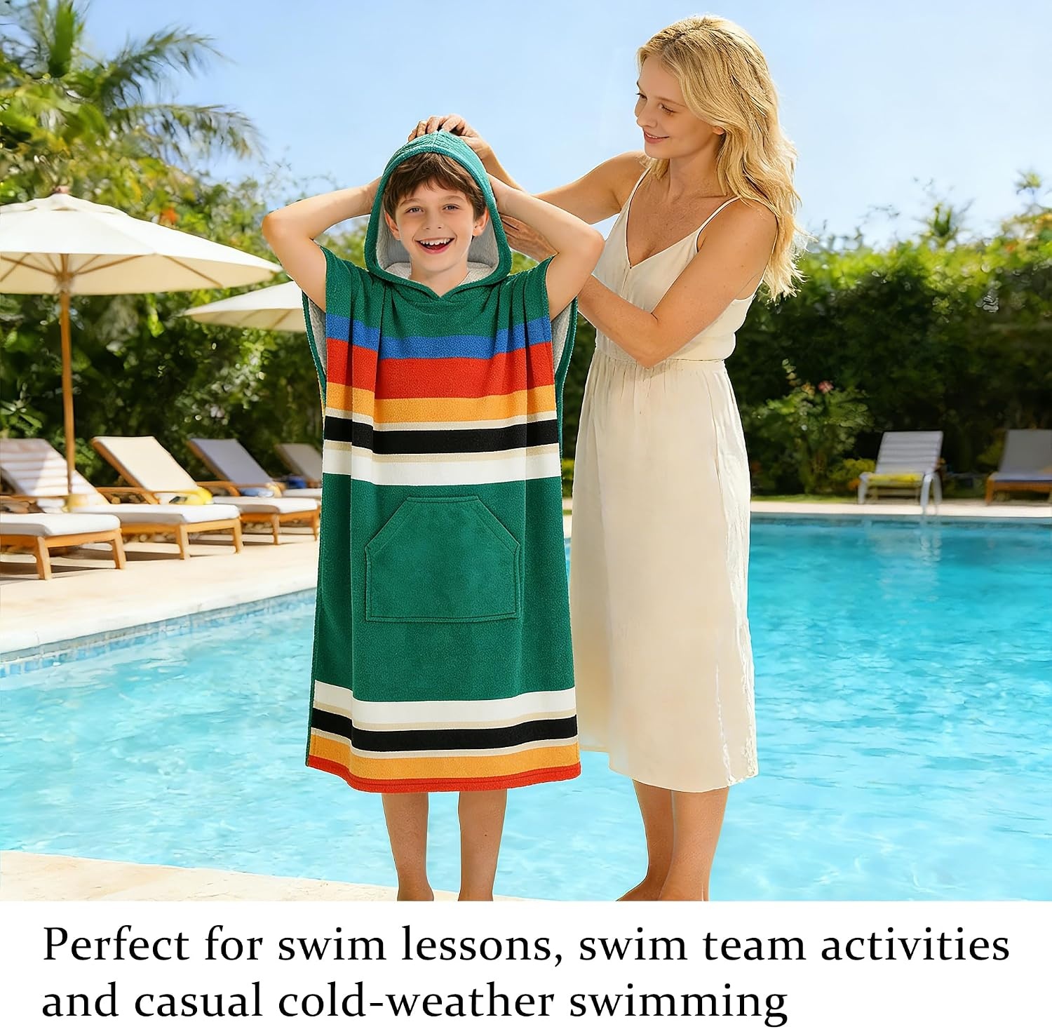 image:imageCatalonia Kids Hooded Poncho Towel for Surf Swim Absorbent Beach Wearable Towel for Teenagers Sand Proof Swim Changing RobeGreen Stripe