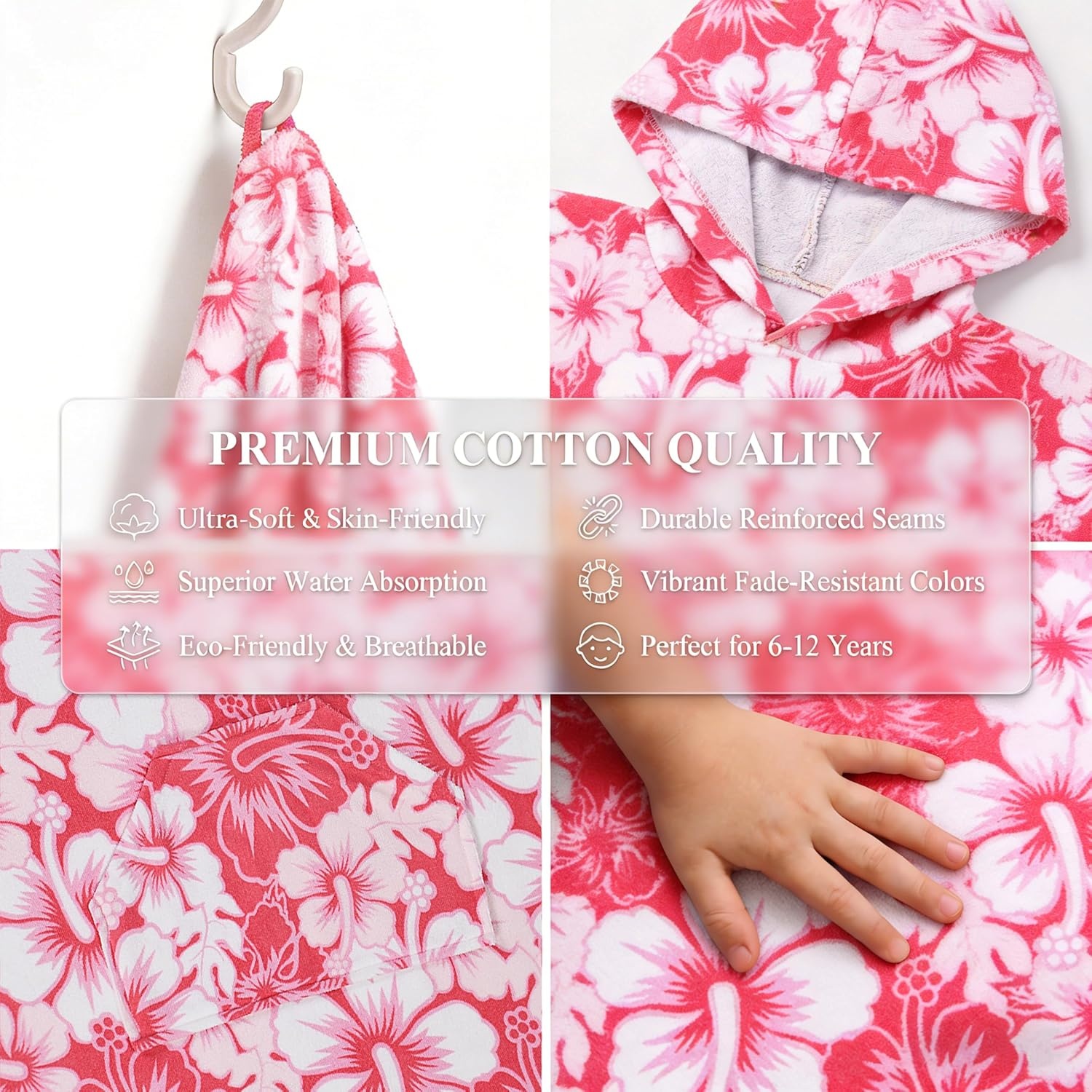 image:imageCatalonia Kids Hooded Poncho Towel for Surf Swim Absorbent Beach Wearable Towel for Teenagers Sand Proof Swim Changing RobePink Flower
