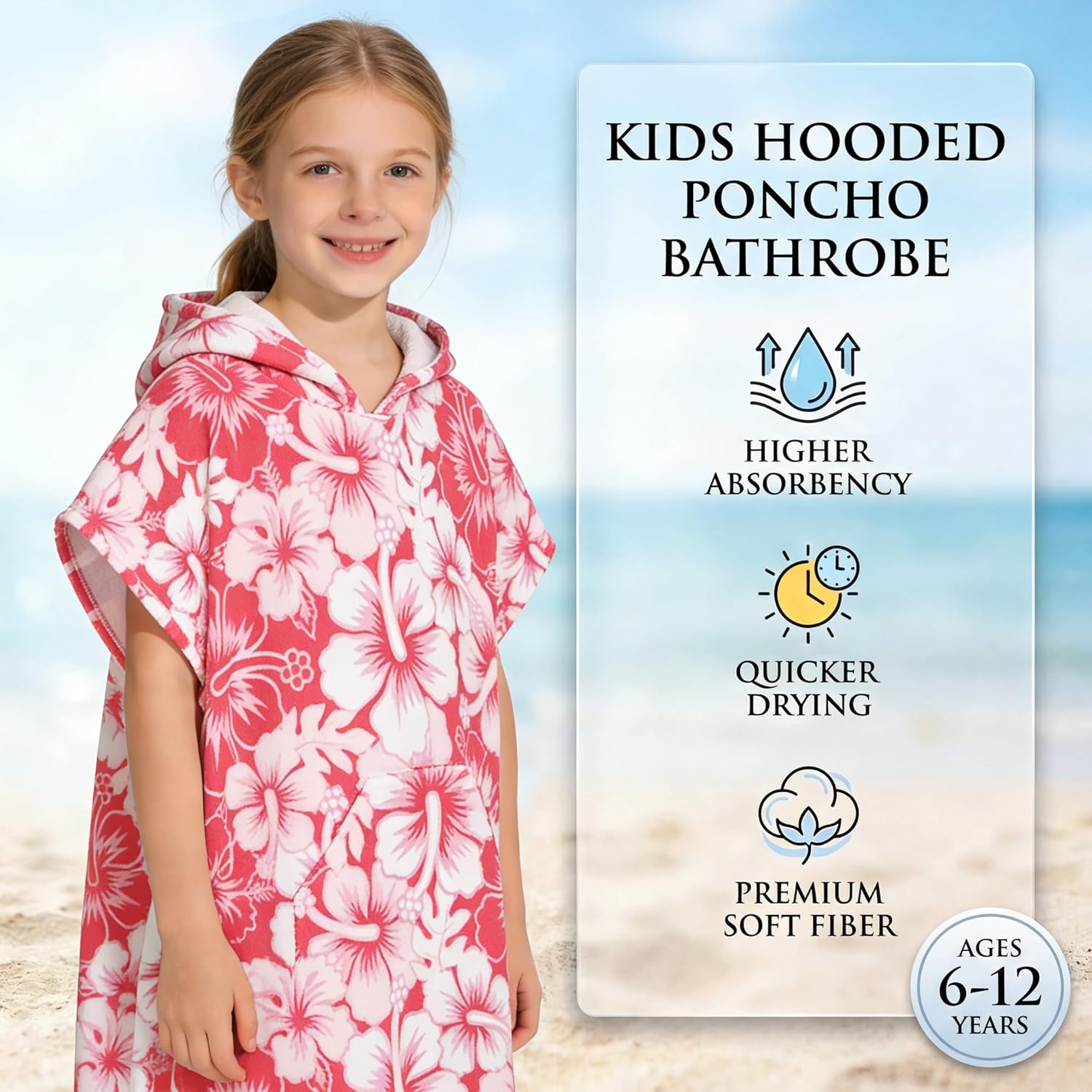 image:imageCatalonia Kids Hooded Poncho Towel for Surf Swim Absorbent Beach Wearable Towel for Teenagers Sand Proof Swim Changing RobePink Flower