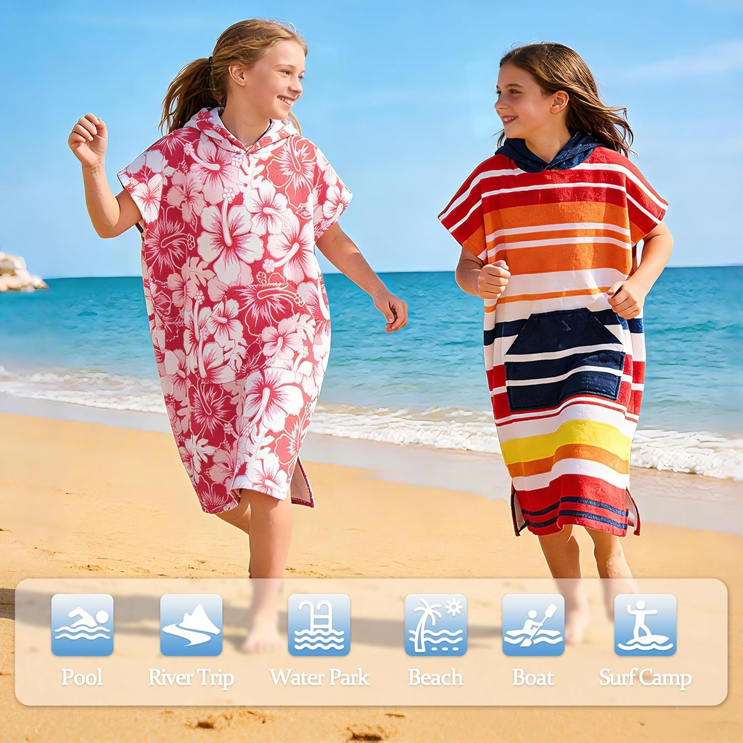 image:imageCatalonia Kids Hooded Poncho Towel for Surf Swim Absorbent Beach Wearable Towel for Teenagers Sand Proof Swim Changing RobePink Flower