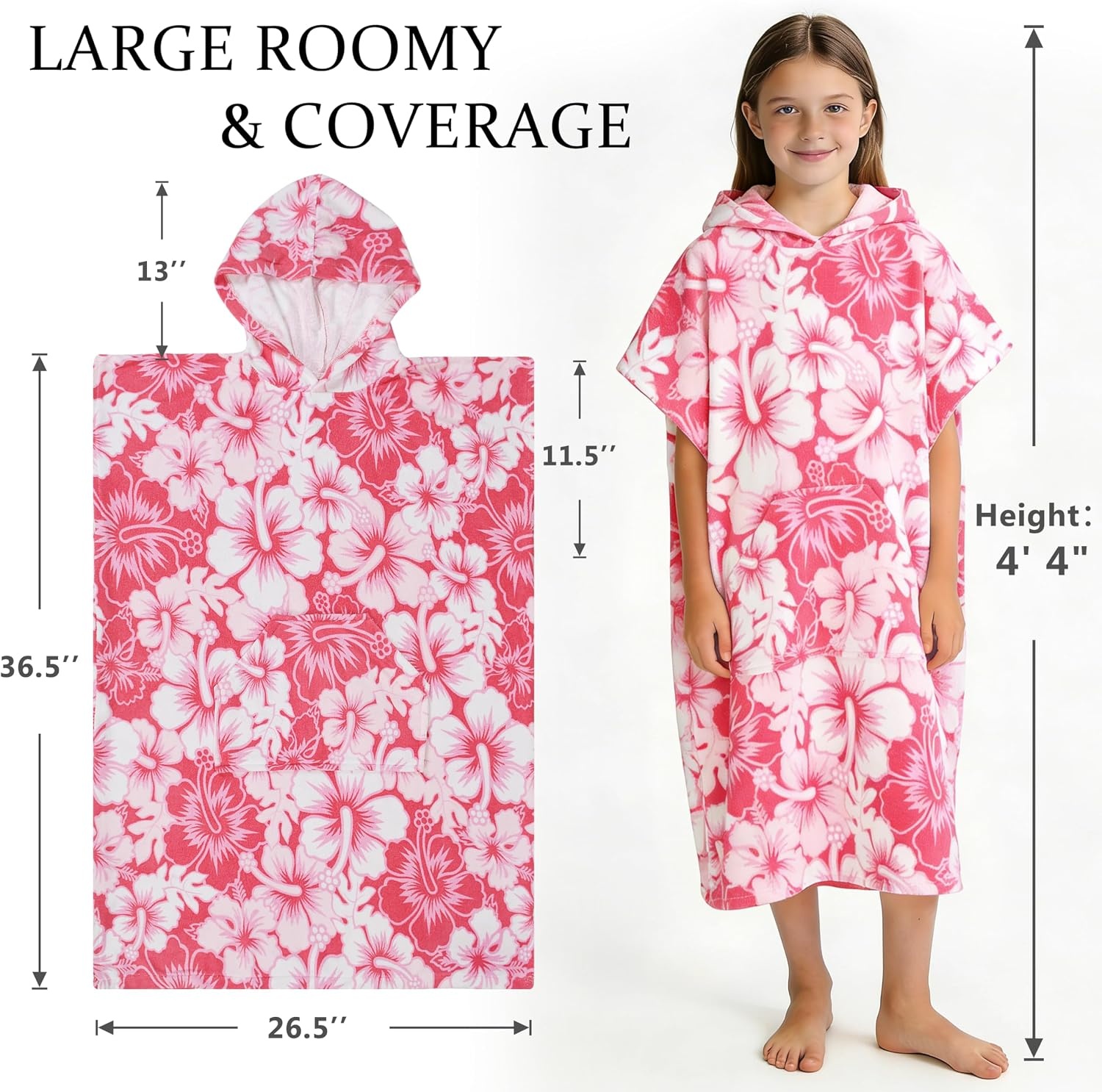 image:imageCatalonia Kids Hooded Poncho Towel for Surf Swim Absorbent Beach Wearable Towel for Teenagers Sand Proof Swim Changing RobePink Flower