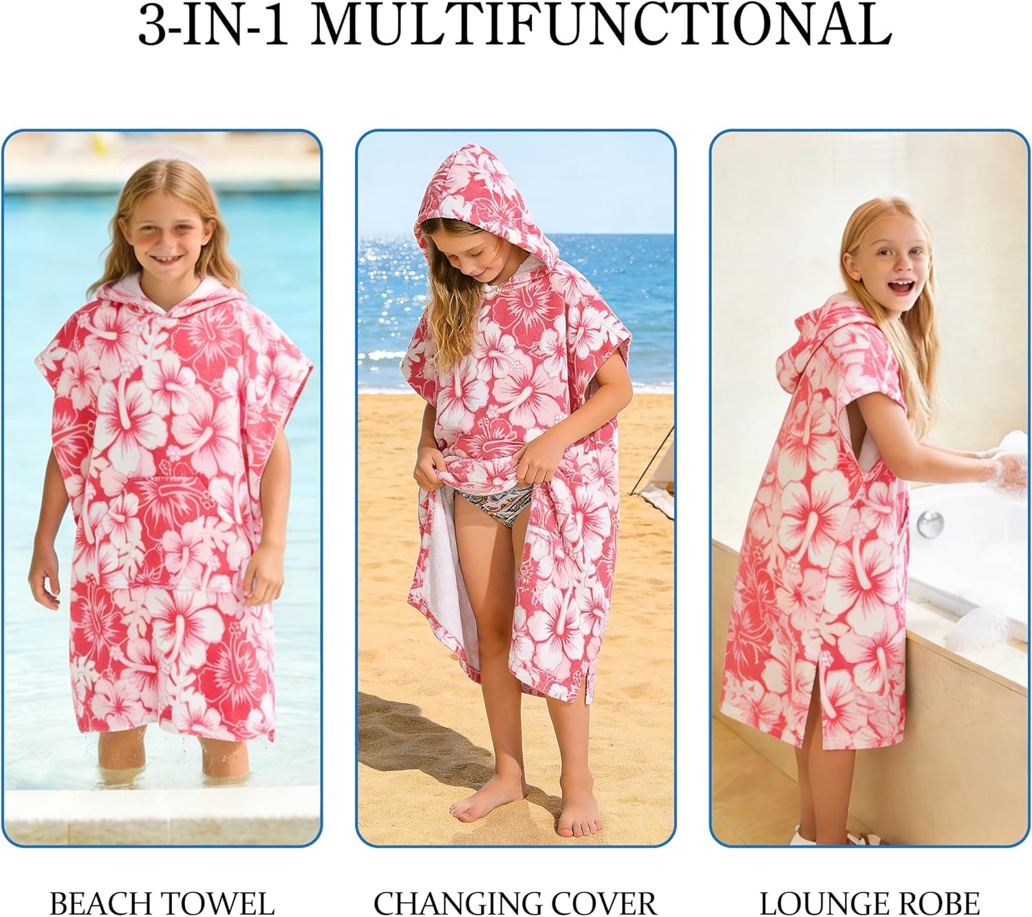 image:imageCatalonia Kids Hooded Poncho Towel for Surf Swim Absorbent Beach Wearable Towel for Teenagers Sand Proof Swim Changing RobePink Flower