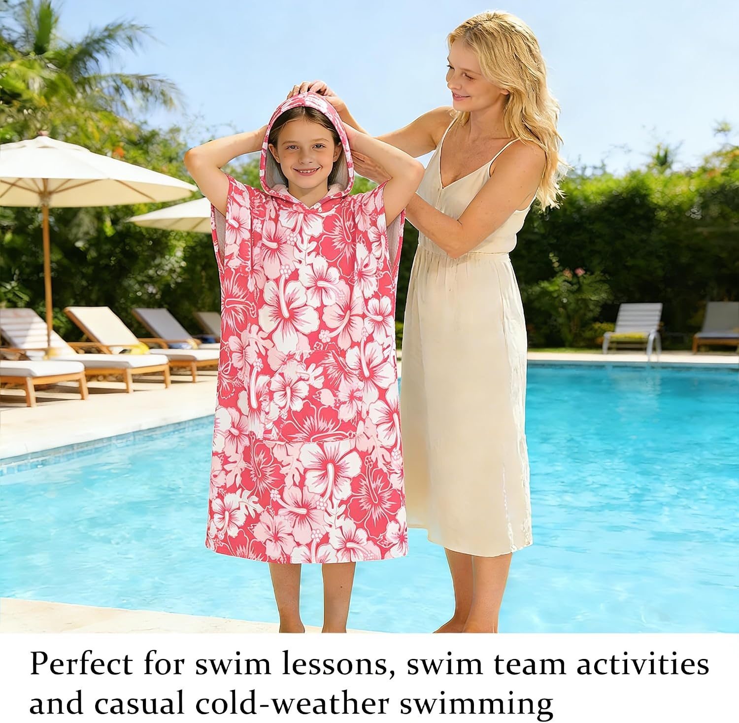 image:imageCatalonia Kids Hooded Poncho Towel for Surf Swim Absorbent Beach Wearable Towel for Teenagers Sand Proof Swim Changing RobePink Flower