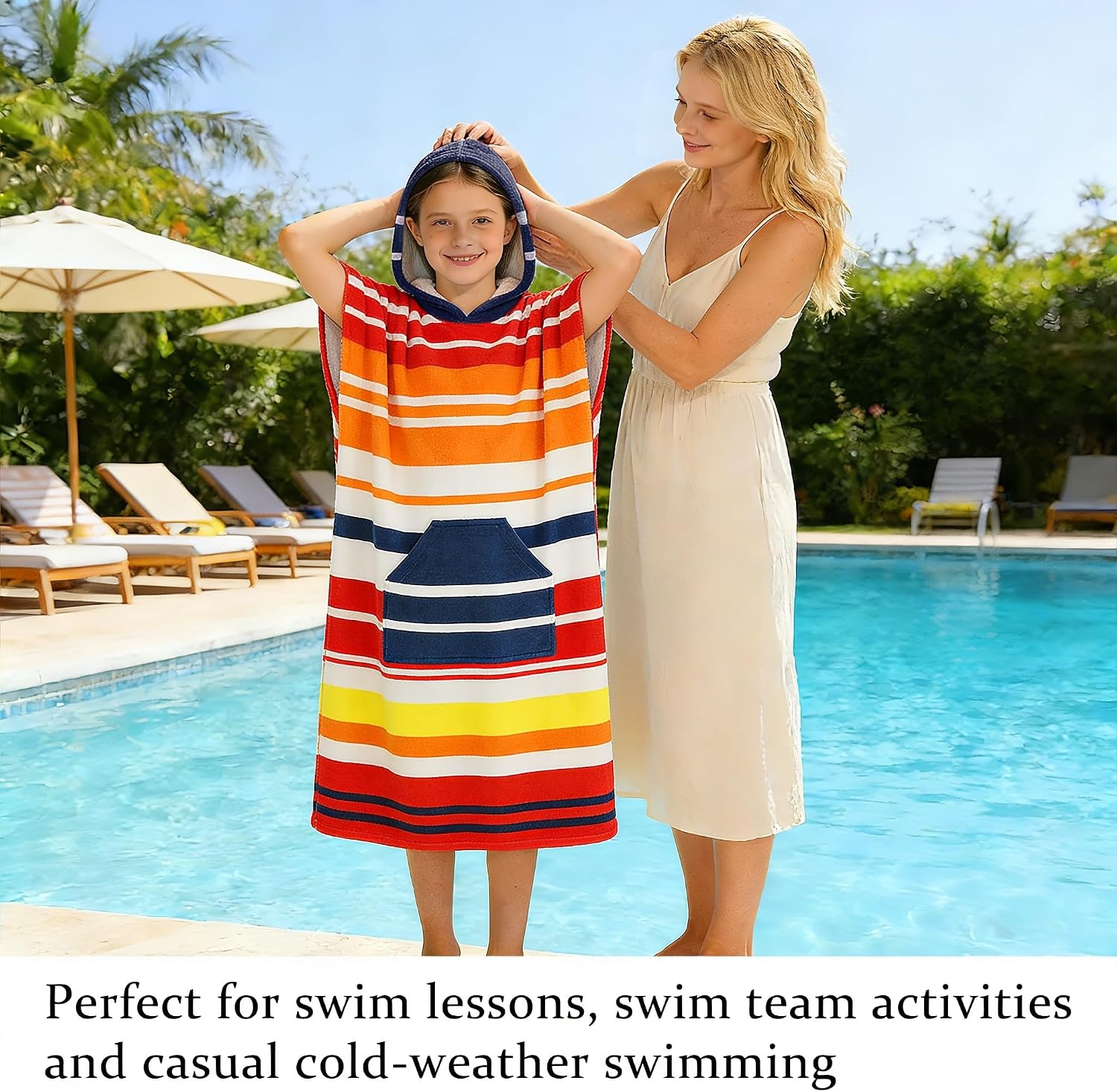 image:imageCatalonia Kids Hooded Poncho Towel for Surf Swim Absorbent Beach Wearable Towel for Teenagers Sand Proof Swim Changing RobeRed Stripe