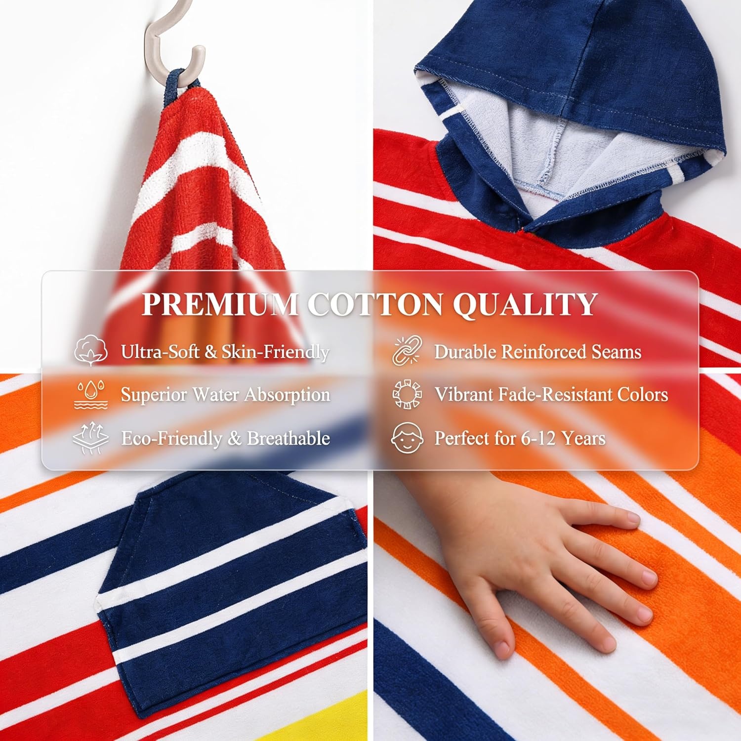 image:imageCatalonia Kids Hooded Poncho Towel for Surf Swim Absorbent Beach Wearable Towel for Teenagers Sand Proof Swim Changing RobeRed Stripe