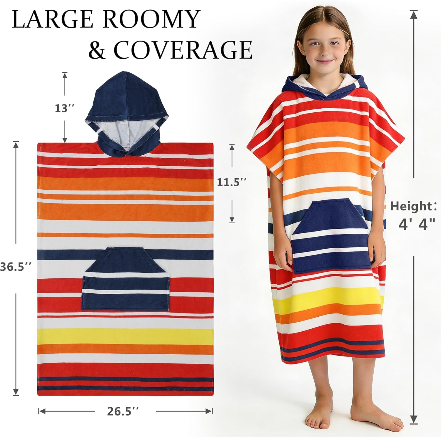 image:imageCatalonia Kids Hooded Poncho Towel for Surf Swim Absorbent Beach Wearable Towel for Teenagers Sand Proof Swim Changing RobeRed Stripe