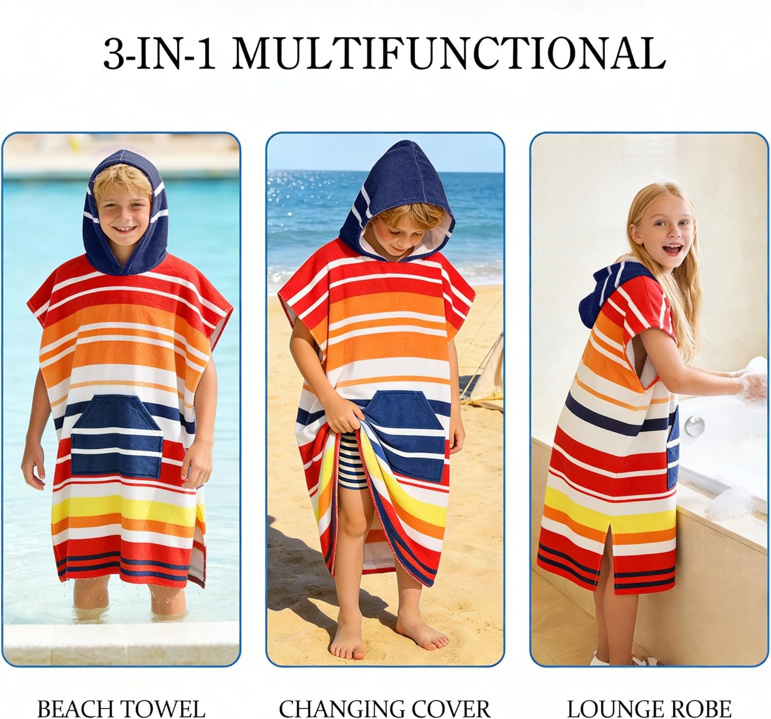 image:imageCatalonia Kids Hooded Poncho Towel for Surf Swim Absorbent Beach Wearable Towel for Teenagers Sand Proof Swim Changing RobeRed Stripe