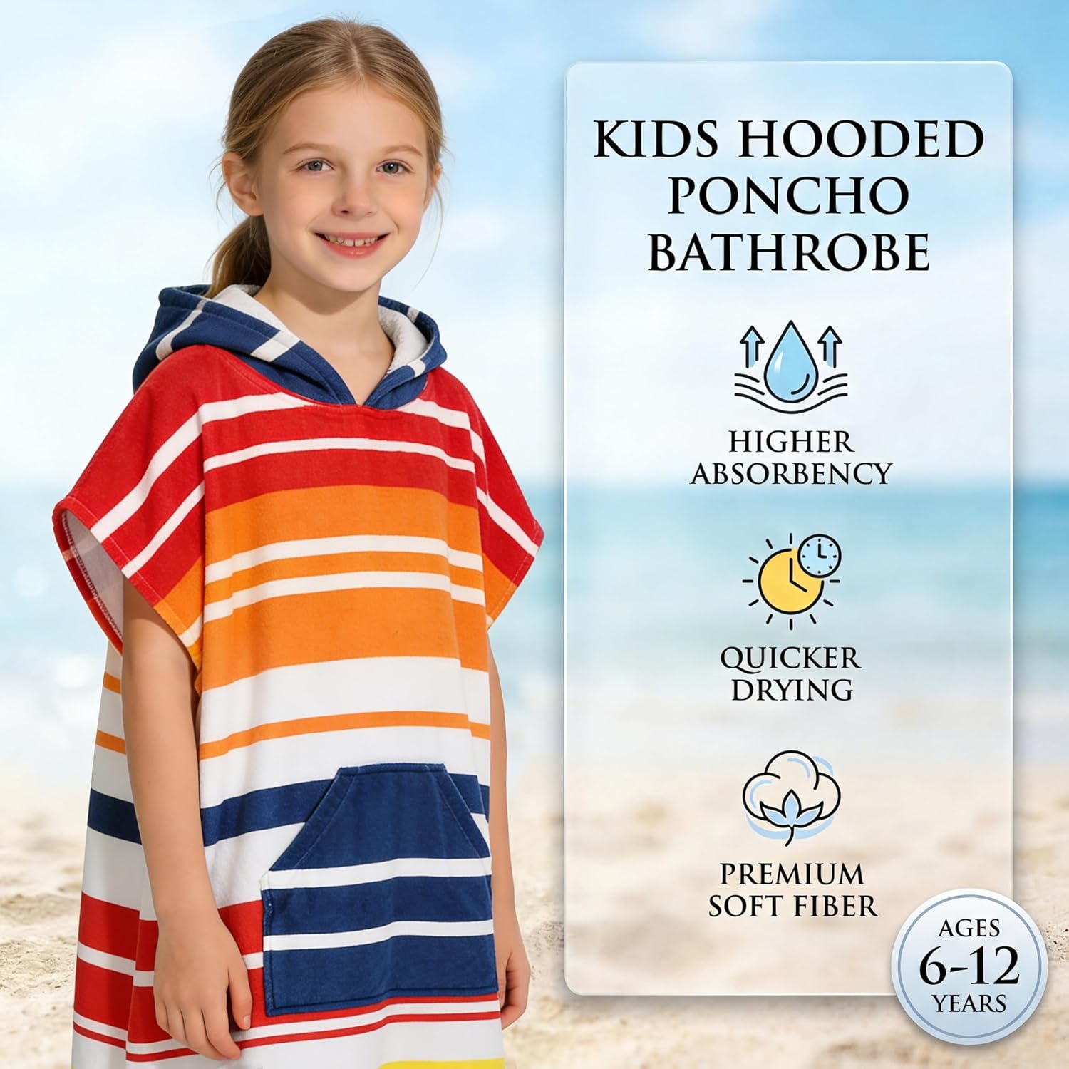 image:imageCatalonia Kids Hooded Poncho Towel for Surf Swim Absorbent Beach Wearable Towel for Teenagers Sand Proof Swim Changing RobeRed Stripe
