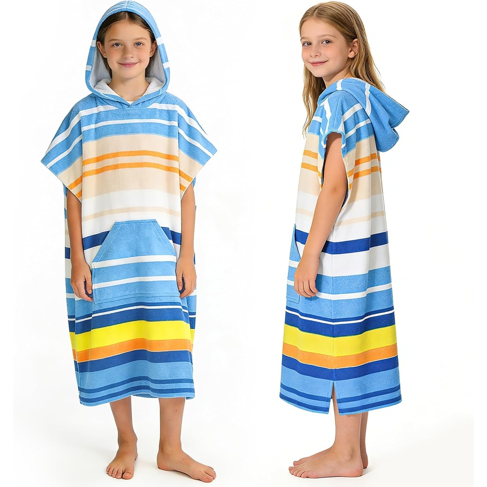 image:imageCatalonia Kids Hooded Poncho Towel for Surf Swim Absorbent Beach Wearable Towel for Teenagers Sand Proof Swim Changing RobeBlue Stripe