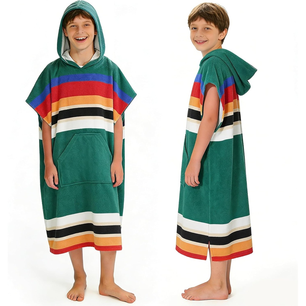 image:imageCatalonia Kids Hooded Poncho Towel for Surf Swim Absorbent Beach Wearable Towel for Teenagers Sand Proof Swim Changing RobeGreen Stripe