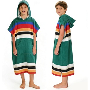 Catalonia Kids Hooded Poncho Towel for Surf Swim, Absorbent Beach Wearable Towel for Teenagers, Sand Proof Swim Changing Robe(Green Stripe)
