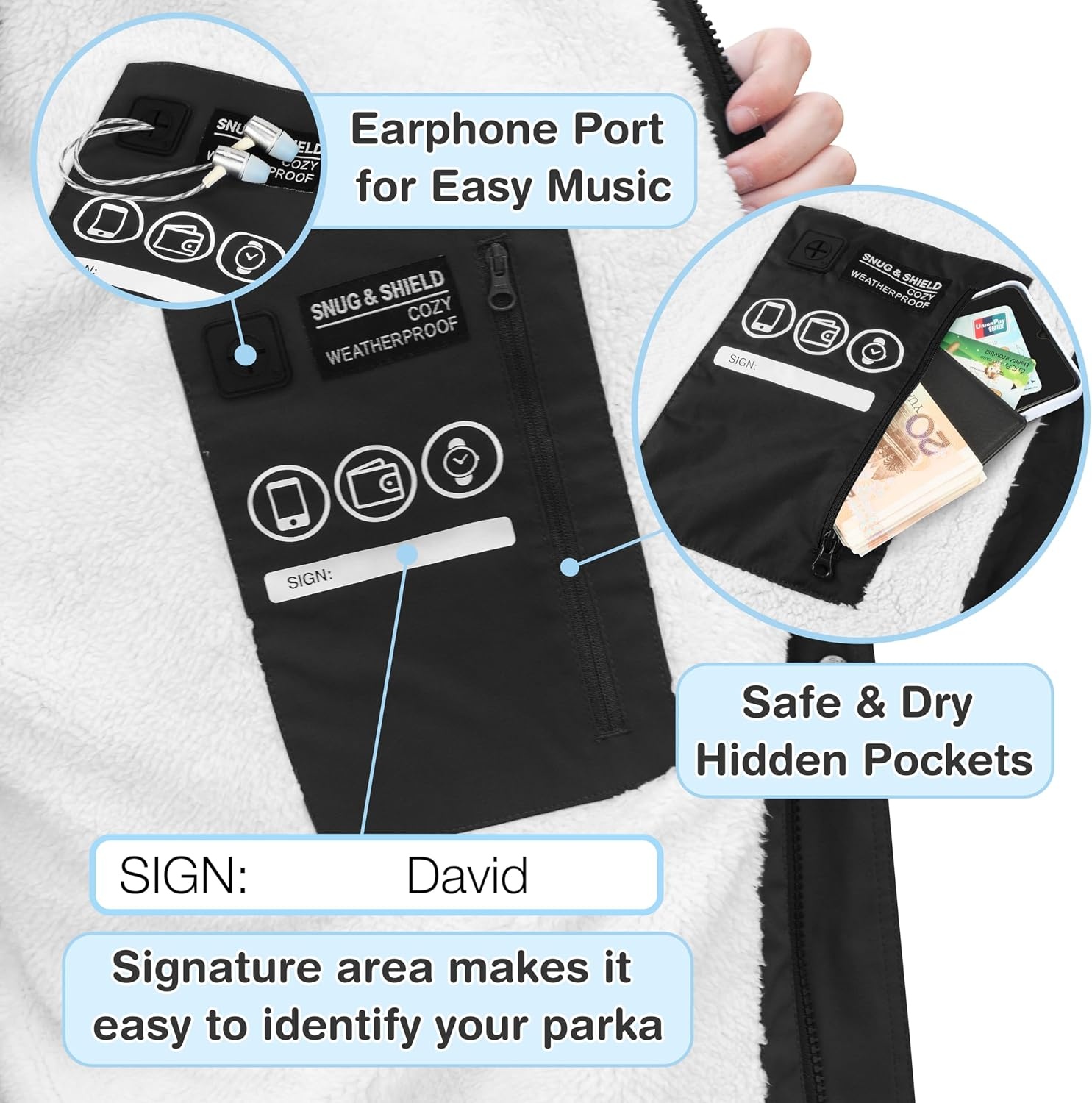 image:imageCatalonia Waterproof Swim Parka for Men Women Sherpa Lined Surf Poncho with Inner Pocket amp Name Tag AreaBlack