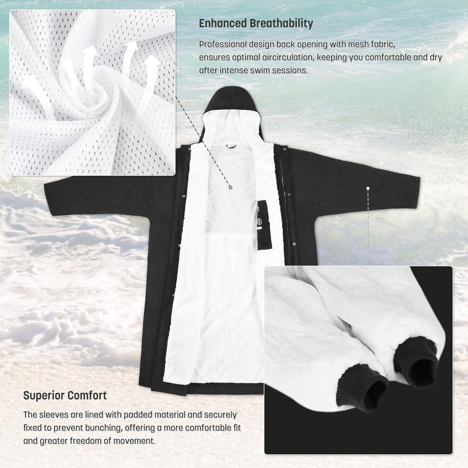 image:imageCatalonia Waterproof Swim Parka for Men Women Sherpa Lined Surf Poncho with Inner Pocket amp Name Tag AreaBlack