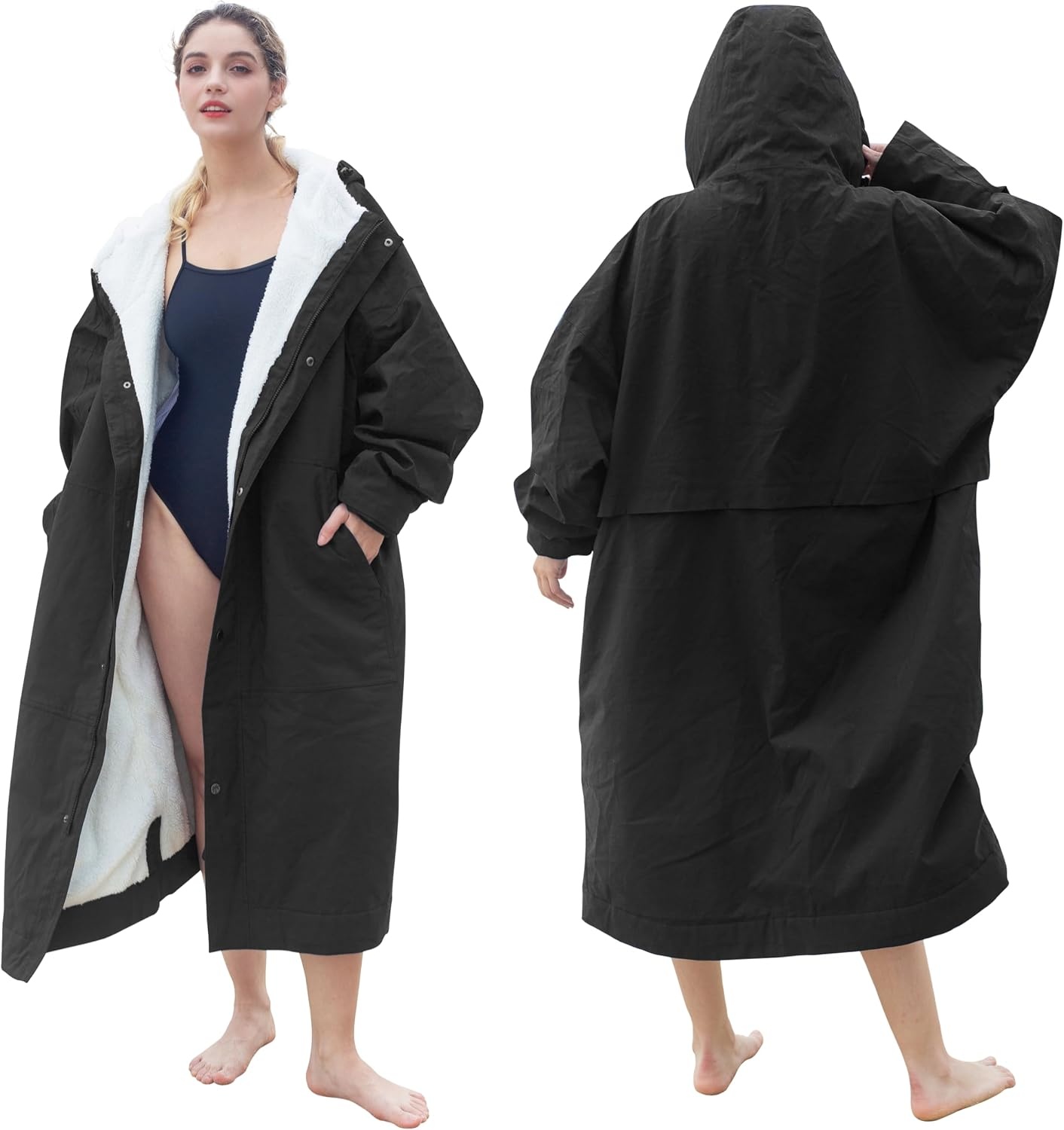image:imageCatalonia Waterproof Swim Parka for Men Women Sherpa Lined Surf Poncho with Inner Pocket amp Name Tag AreaBlack