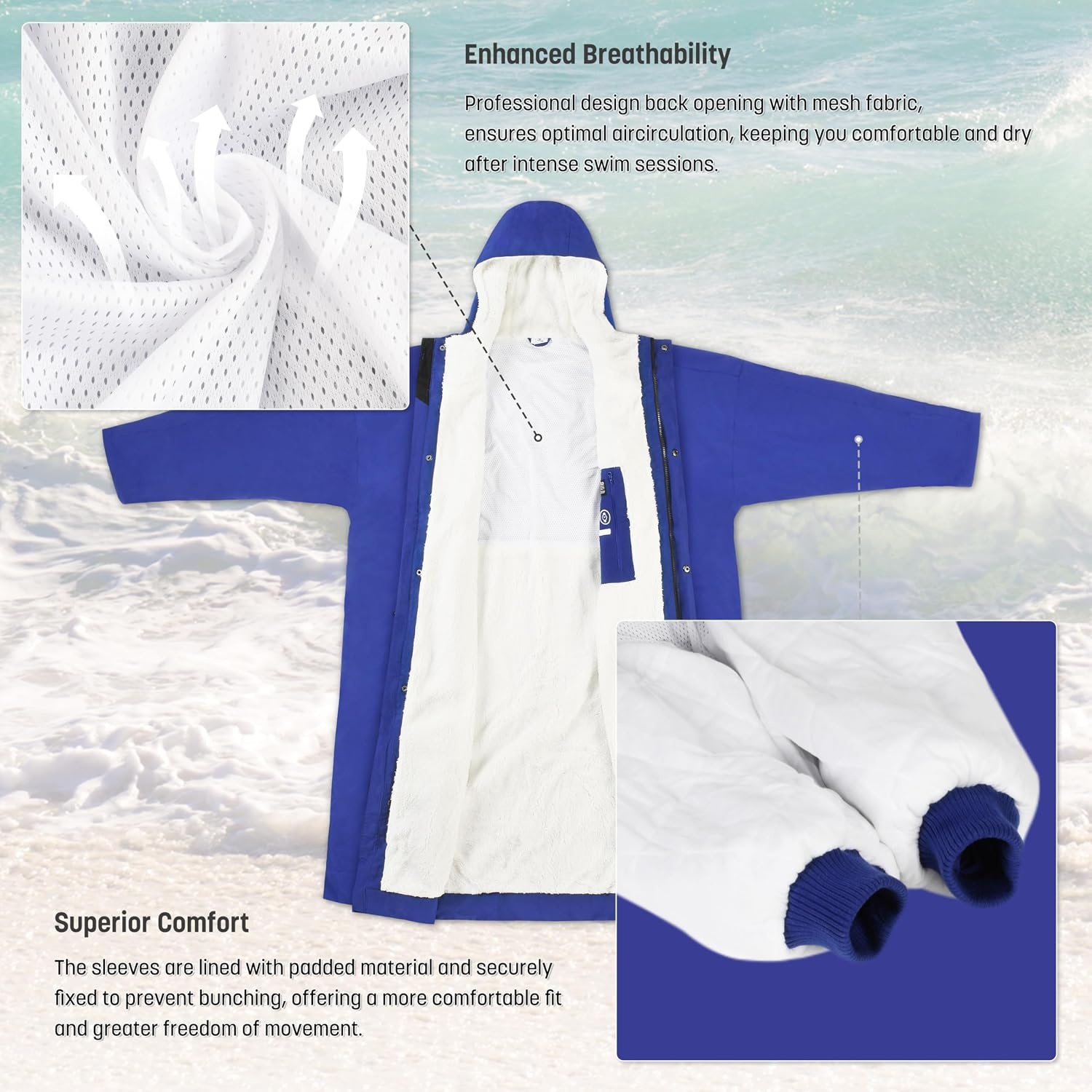 image:imageCatalonia Waterproof Swim Parka for Men Women Sherpa Lined Surf Poncho with Inner Pocket amp Name Tag AreaBlue