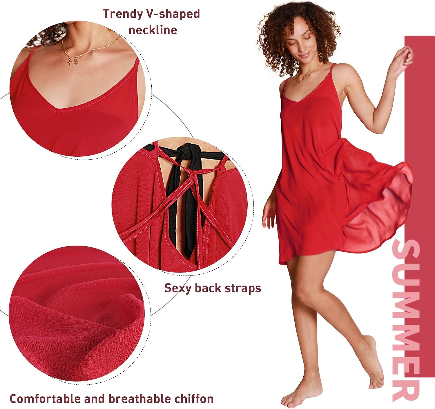 image:imageCatalonia Womens Swim Bathing Suit Cover Up Summer Chiffon Backless Beach Mini SundressRed