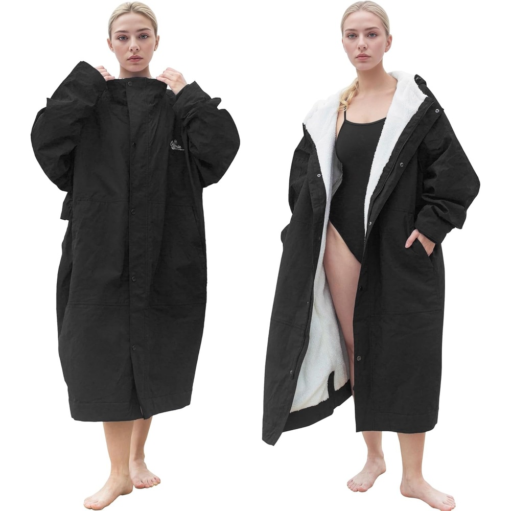 image:imageCatalonia Waterproof Swim Parka for Men Women Sherpa Lined Surf Poncho with Inner Pocket amp Name Tag AreaBlack