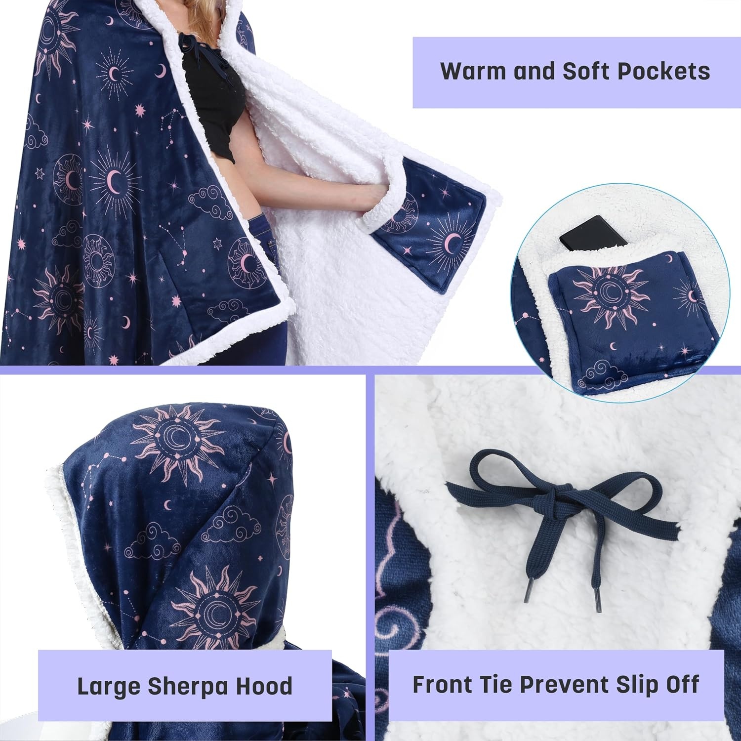 image:imageCatalonia Womens Hooded Blanket Poncho Wearable Blanket with Hand PocketsAstrology Navy