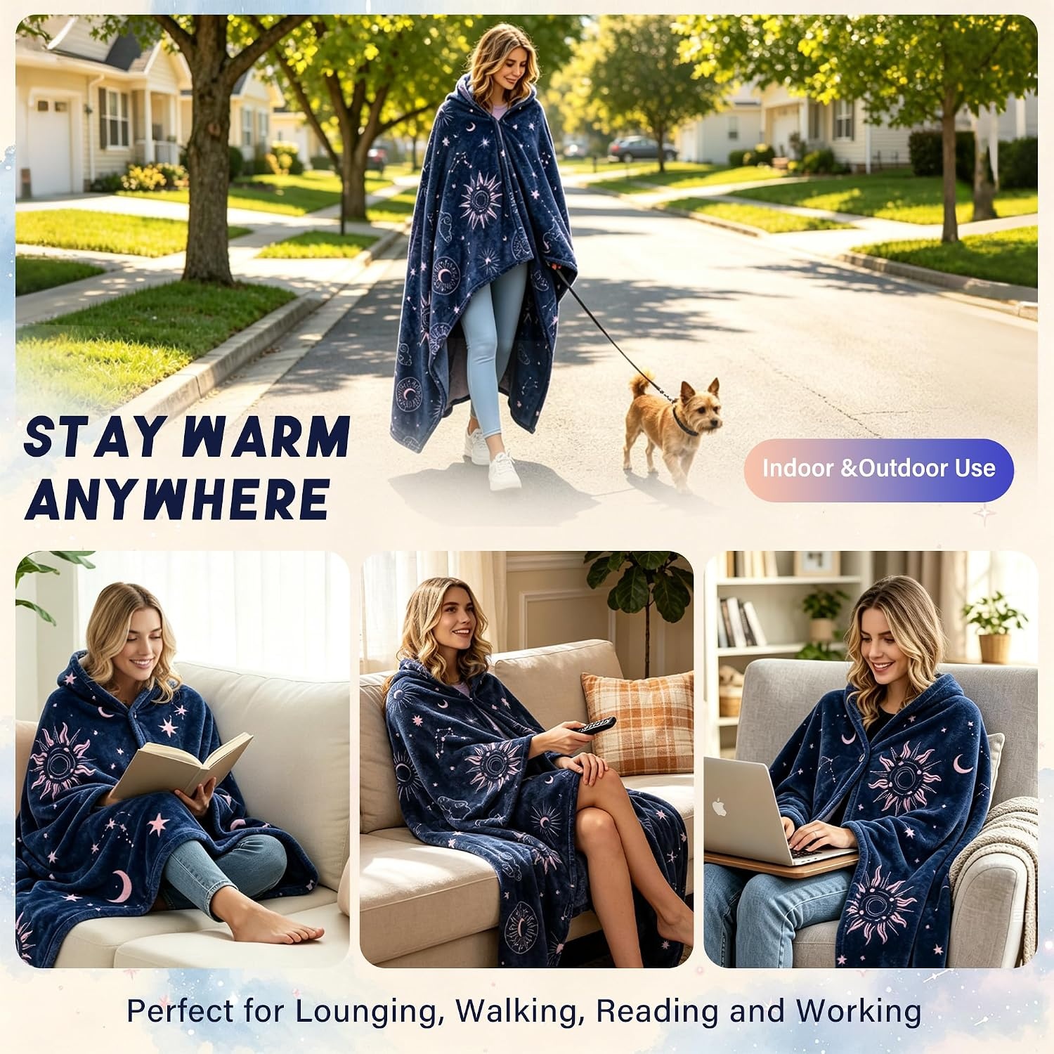 image:imageCatalonia Womens Hooded Blanket Poncho Wearable Blanket with Hand PocketsAstrology Navy