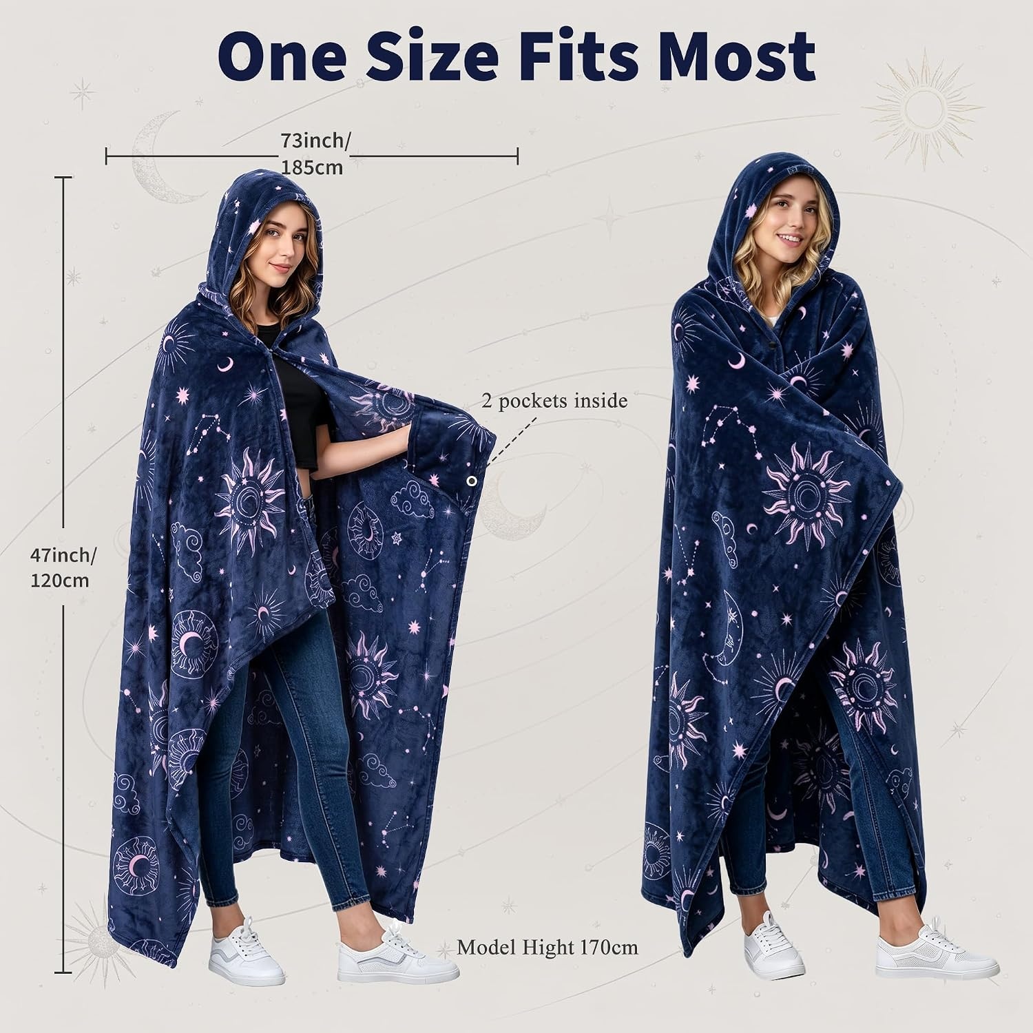 image:imageCatalonia Womens Hooded Blanket Poncho Wearable Blanket with Hand PocketsAstrology Navy