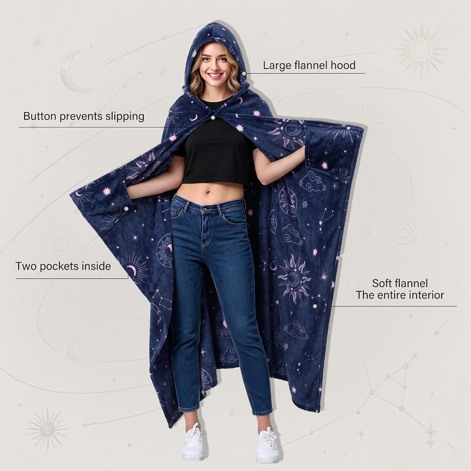 image:imageCatalonia Womens Hooded Blanket Poncho Wearable Blanket with Hand PocketsAstrology Navy