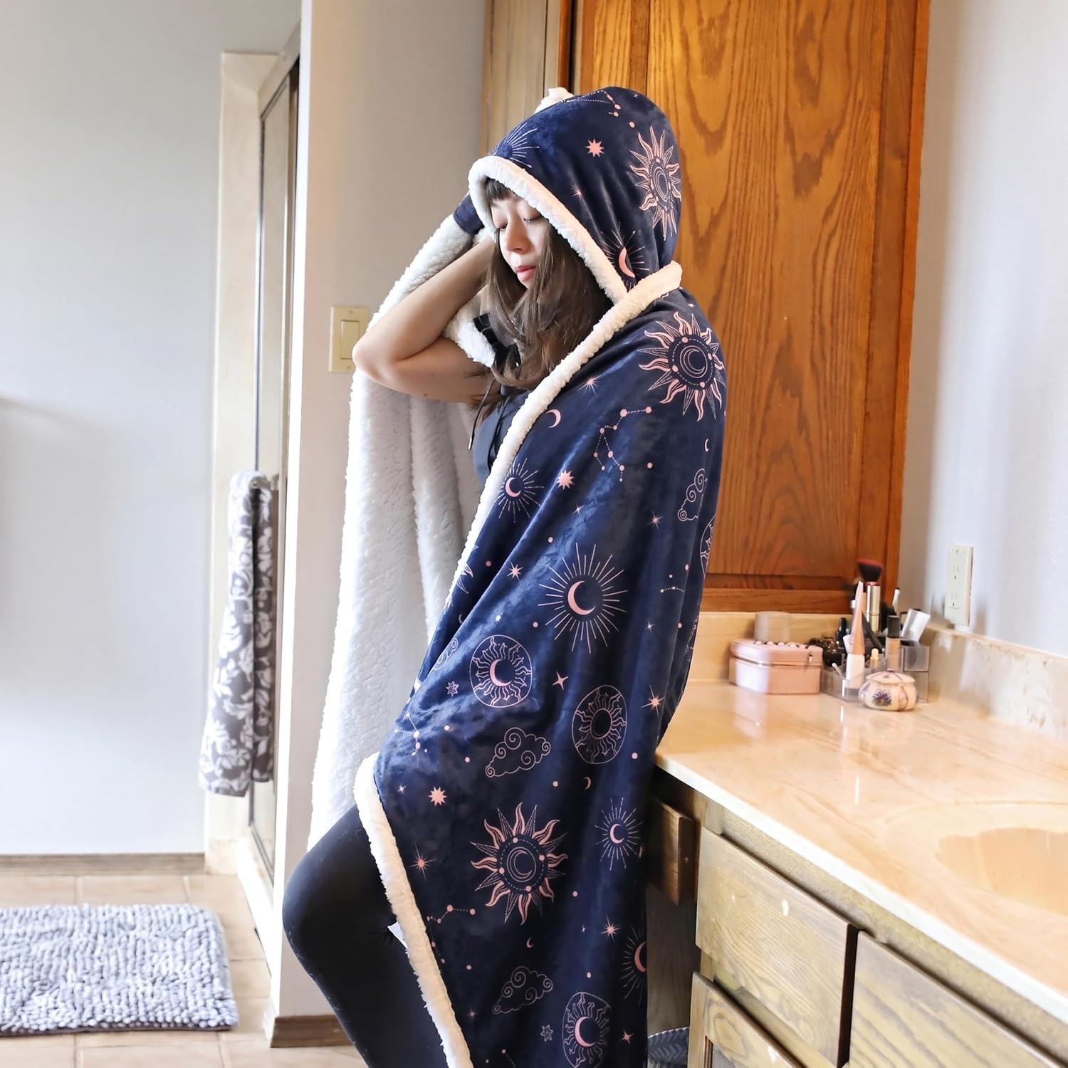 image:imageCatalonia Womens Hooded Blanket Poncho Wearable Blanket with Hand PocketsAstrology Navy