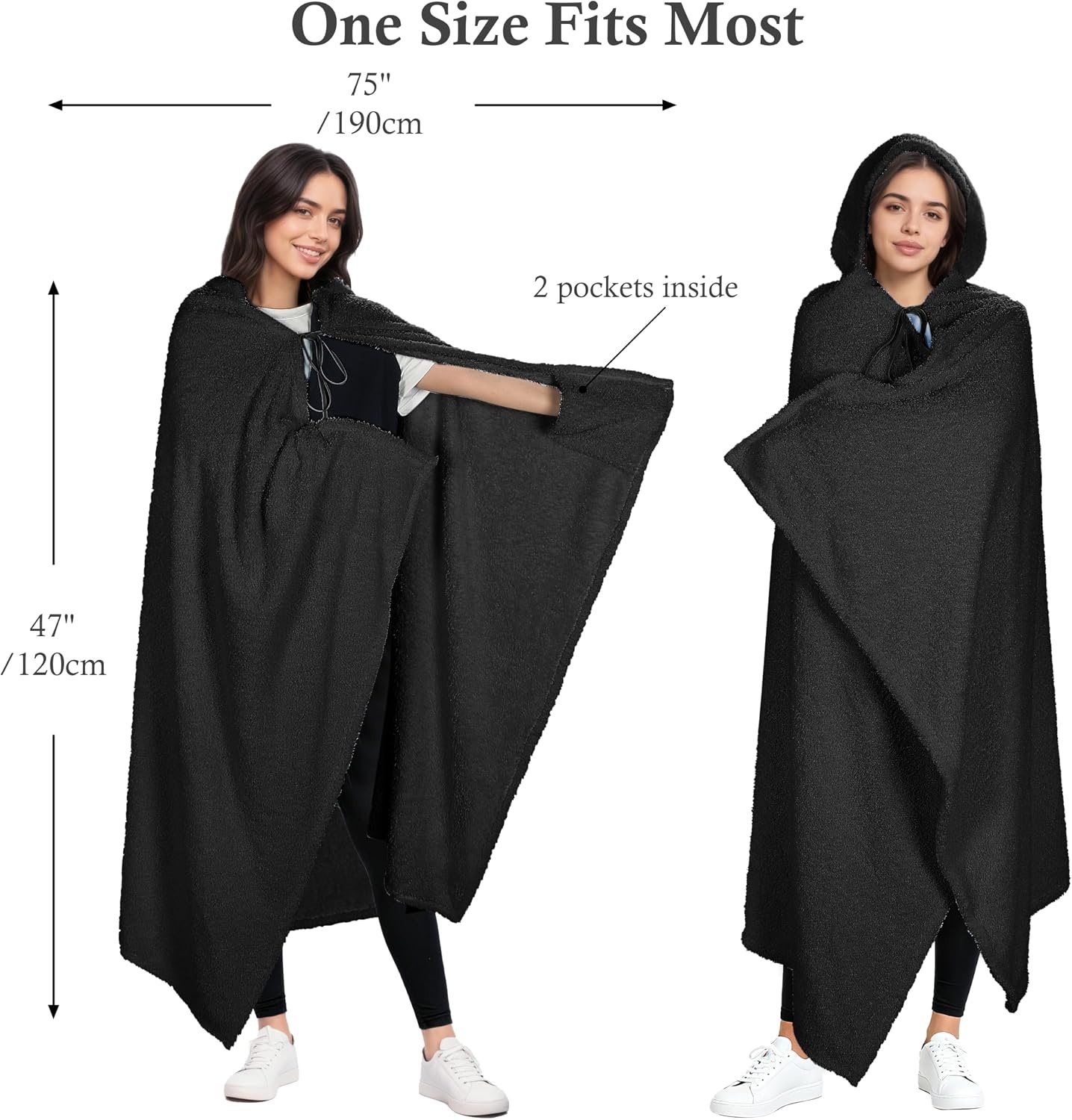 image:imageCatalonia Womens Hooded Blanket Poncho Wearable Blanket with Hand PocketsBlack