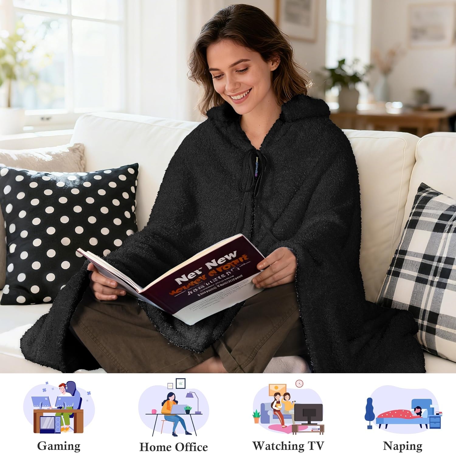 image:imageCatalonia Womens Hooded Blanket Poncho Wearable Blanket with Hand PocketsBlack