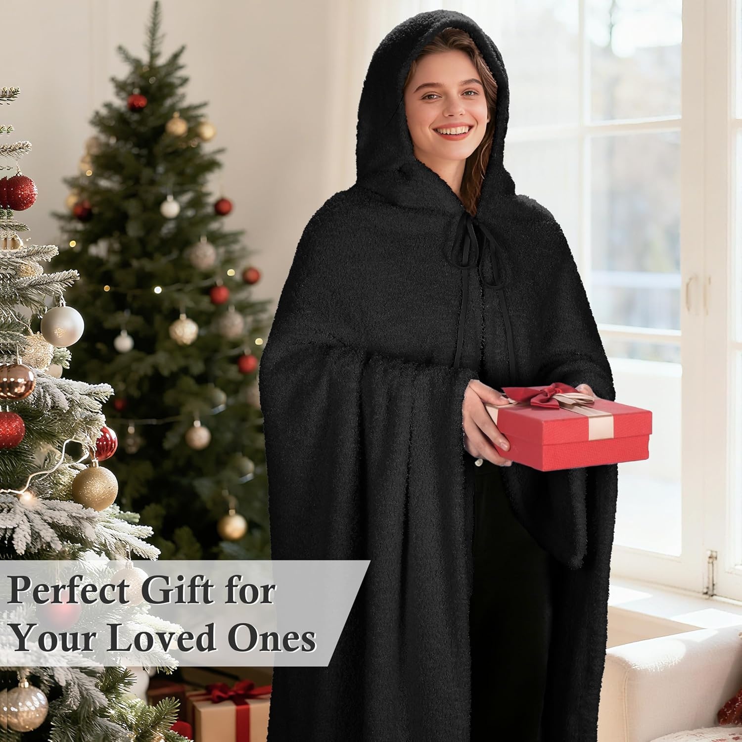 image:imageCatalonia Womens Hooded Blanket Poncho Wearable Blanket with Hand PocketsBlack