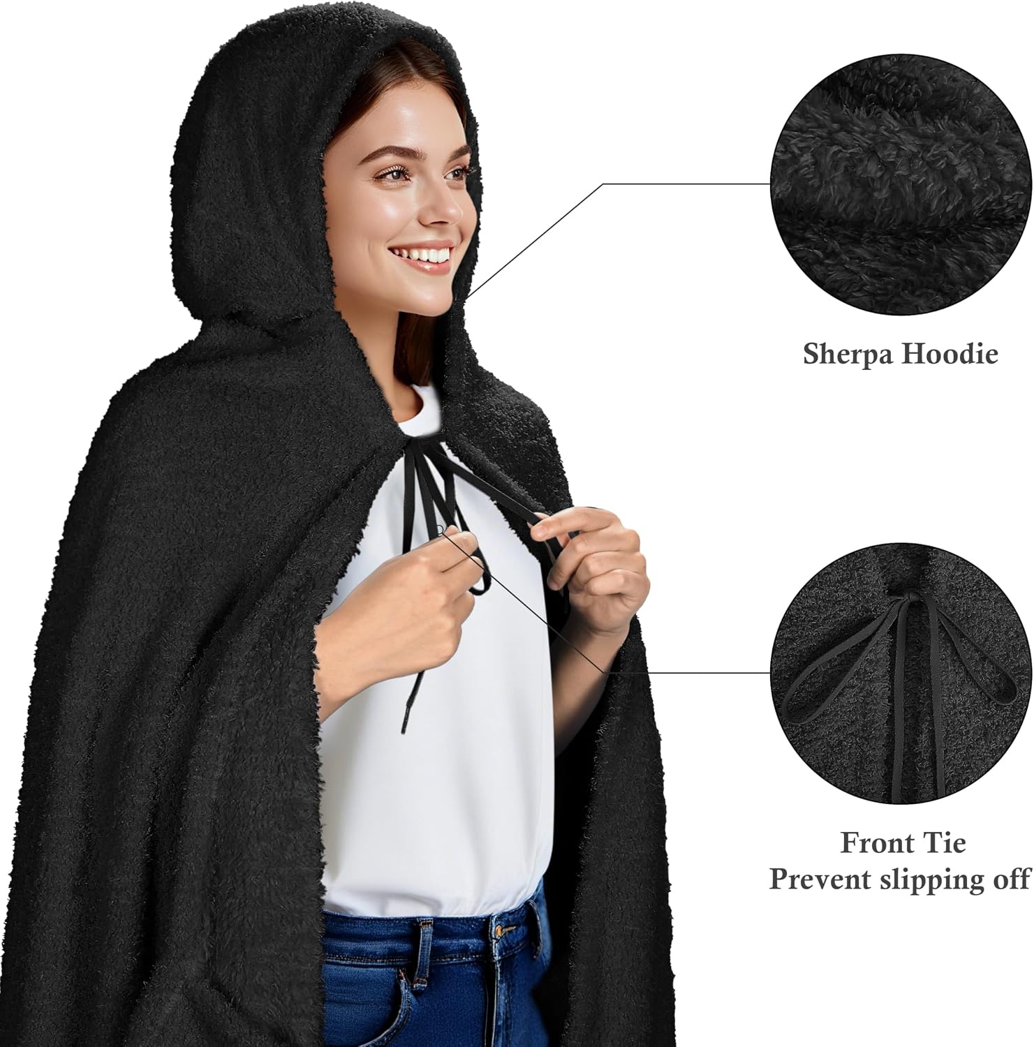 image:imageCatalonia Womens Hooded Blanket Poncho Wearable Blanket with Hand PocketsBlack