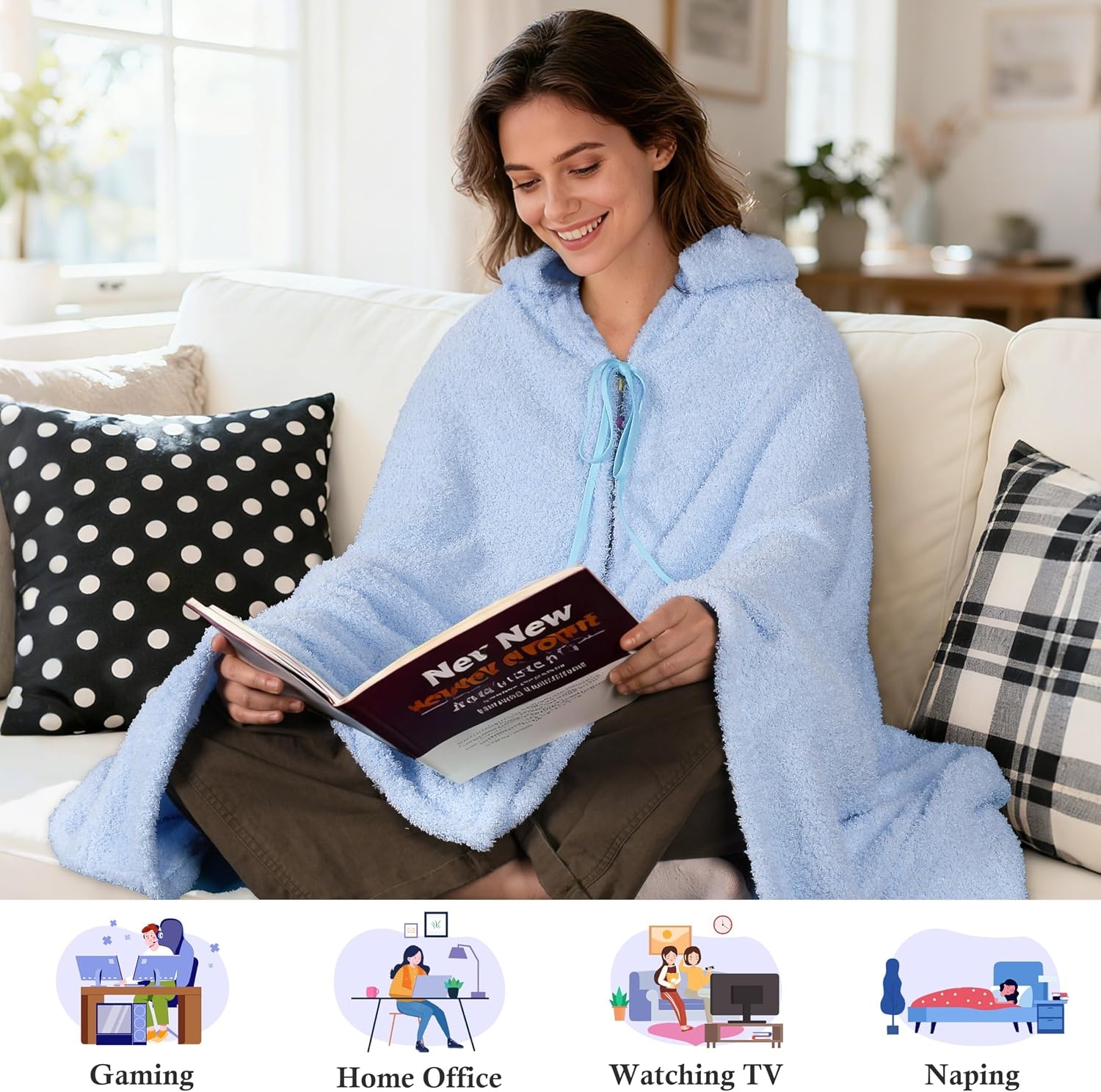 image:imageCatalonia Womens Hooded Blanket Poncho Wearable Blanket with Hand PocketsBlue