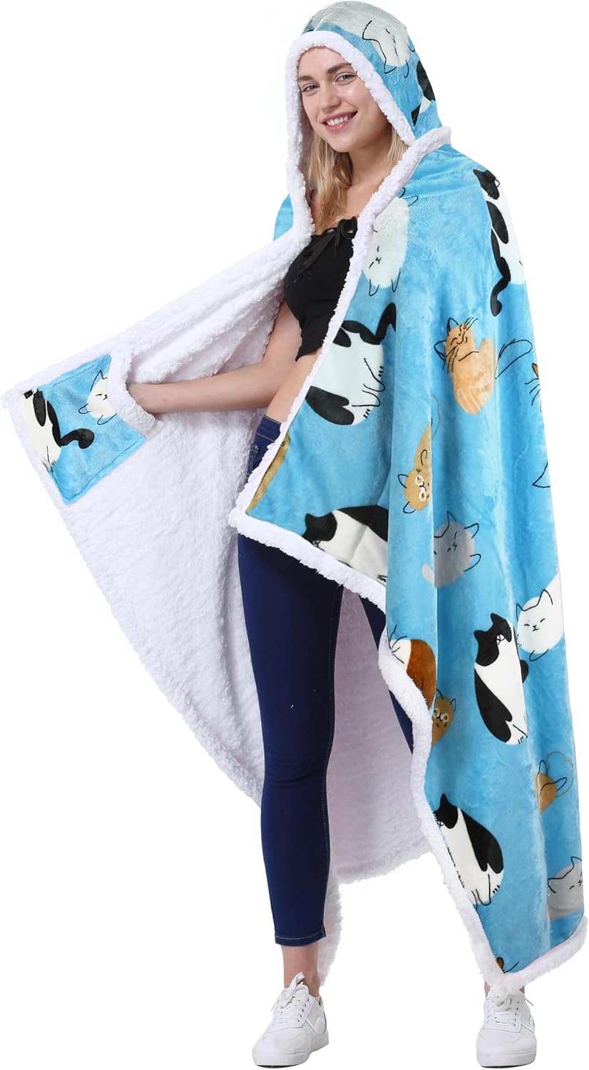 image:imageCatalonia Womens Hooded Blanket Poncho Wearable Blanket with Hand PocketsBlue Cat