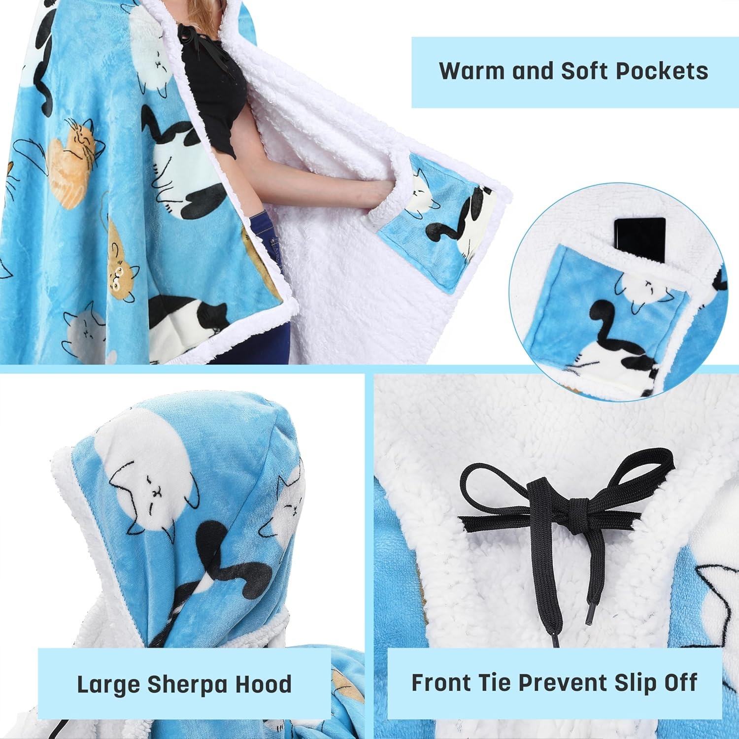 image:imageCatalonia Womens Hooded Blanket Poncho Wearable Blanket with Hand PocketsBlue Cat