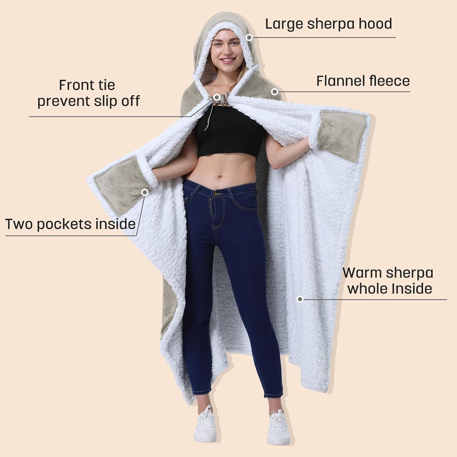 image:imageCatalonia Womens Hooded Blanket Poncho Wearable Blanket with Hand PocketsCamel