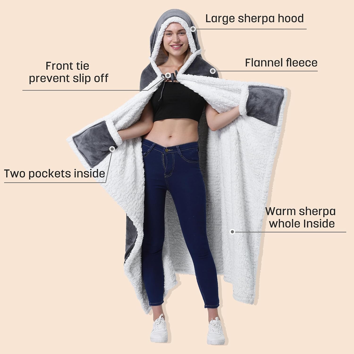 image:imageCatalonia Womens Hooded Blanket Poncho Wearable Blanket with Hand PocketsGrey
