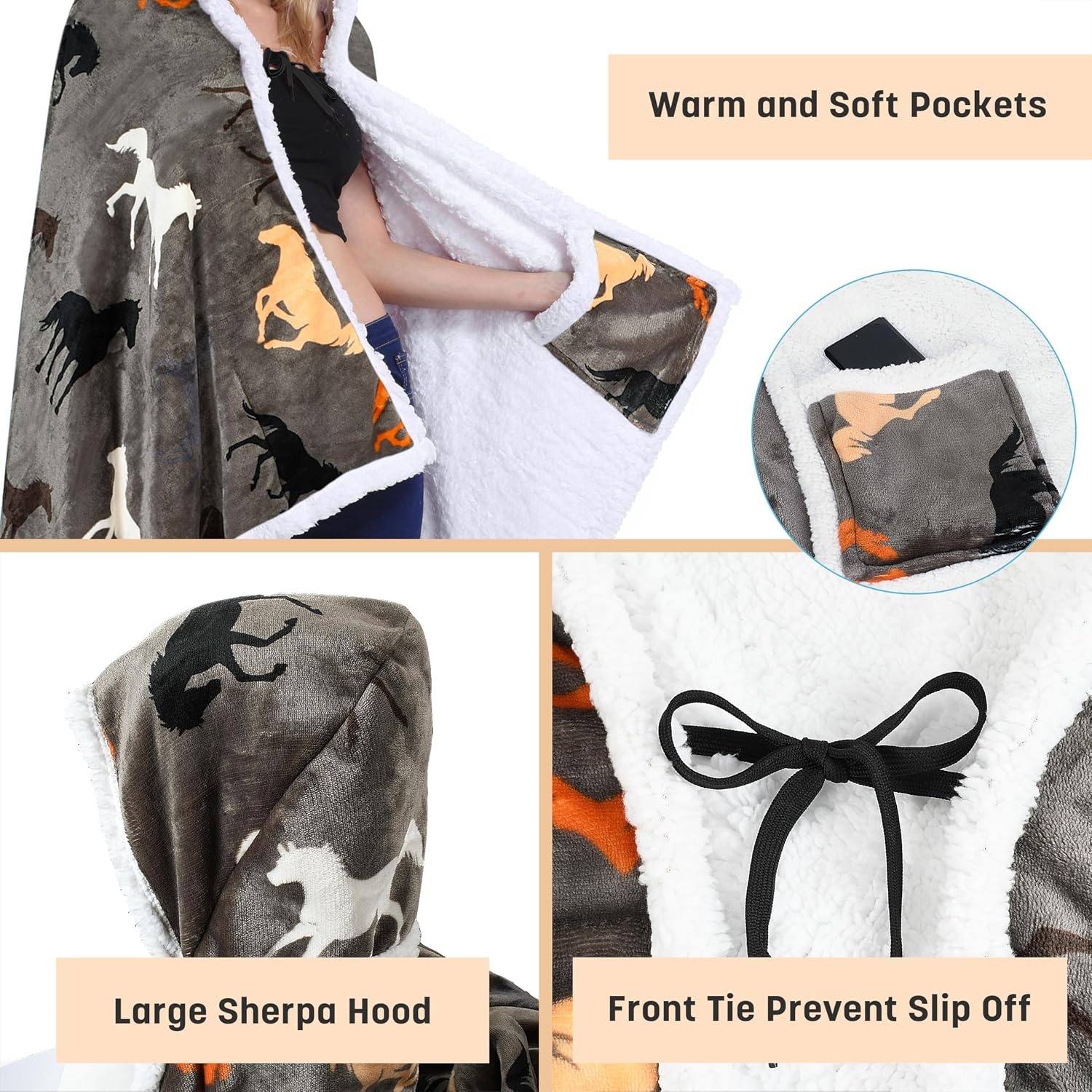 image:imageCatalonia Womens Hooded Blanket Poncho Wearable Blanket with Hand PocketsHorse