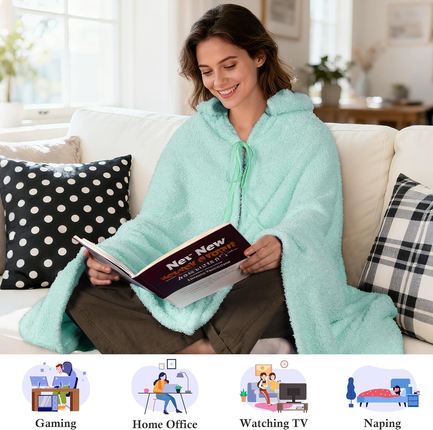 image:imageCatalonia Womens Hooded Blanket Poncho Wearable Blanket with Hand PocketsMint Green