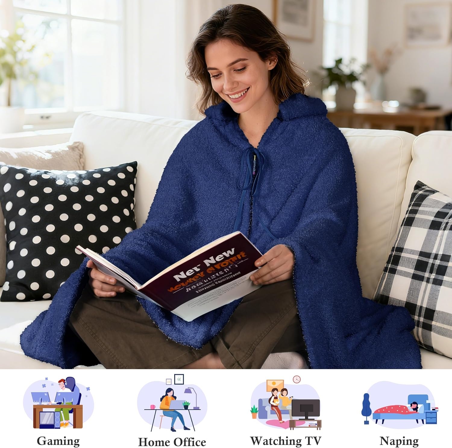 image:imageCatalonia Womens Hooded Blanket Poncho Wearable Blanket with Hand PocketsNavy