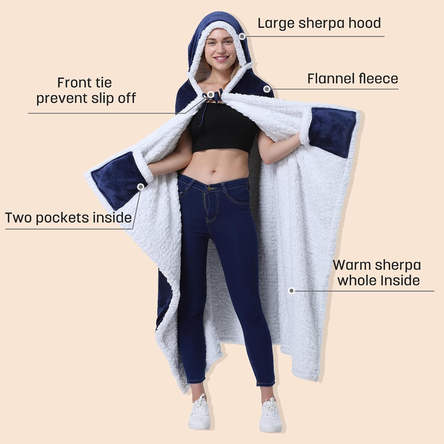 image:imageCatalonia Womens Hooded Blanket Poncho Wearable Blanket with Hand PocketsNavy