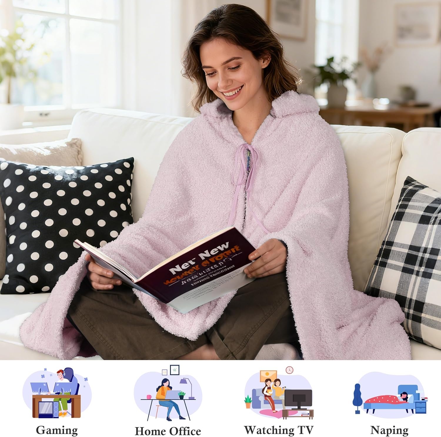 image:imageCatalonia Womens Hooded Blanket Poncho Wearable Blanket with Hand PocketsPink