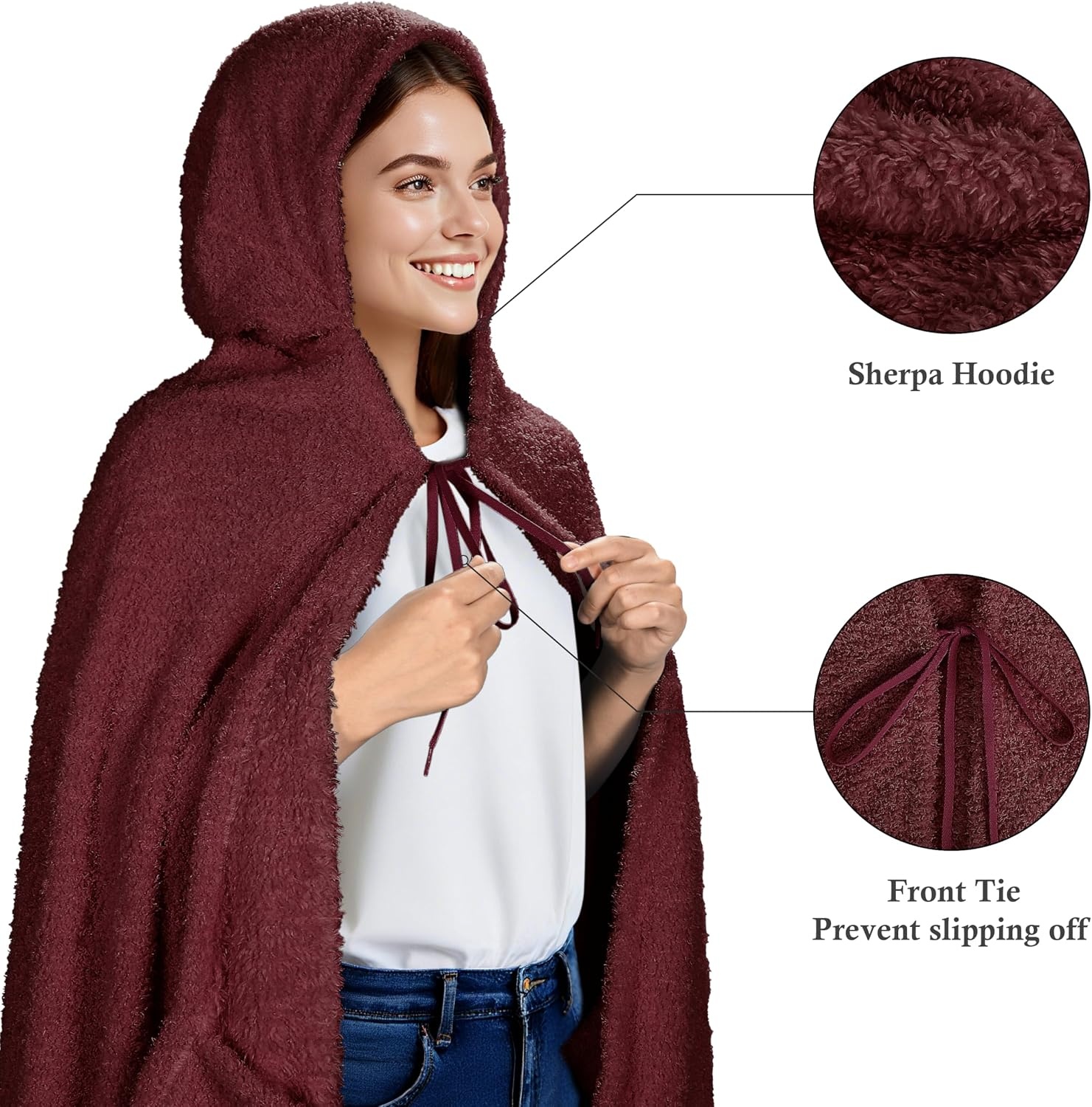 image:imageCatalonia Womens Hooded Blanket Poncho Wearable Blanket with Hand PocketsWine