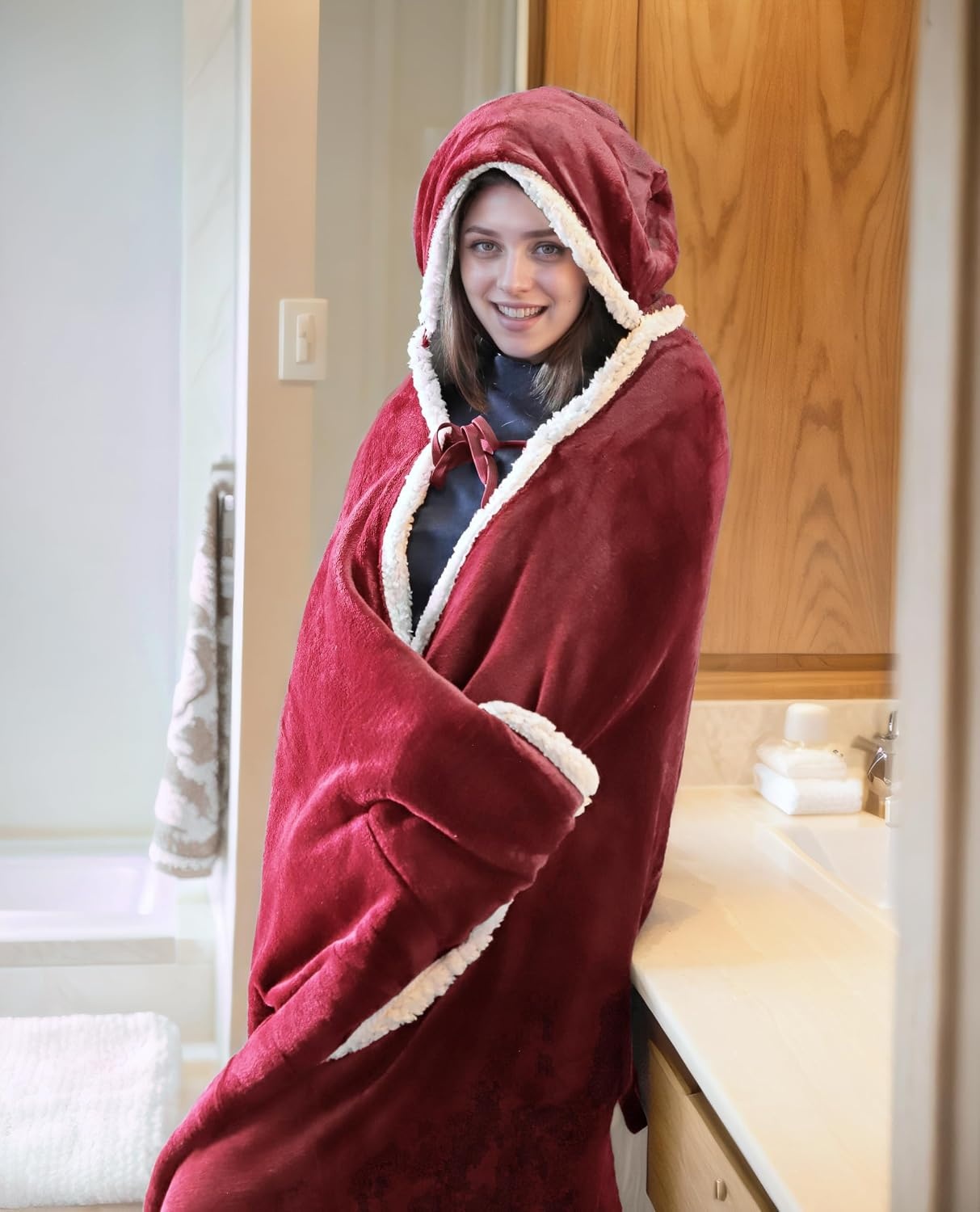 image:imageCatalonia Womens Hooded Blanket Poncho Wearable Blanket with Hand PocketsWine