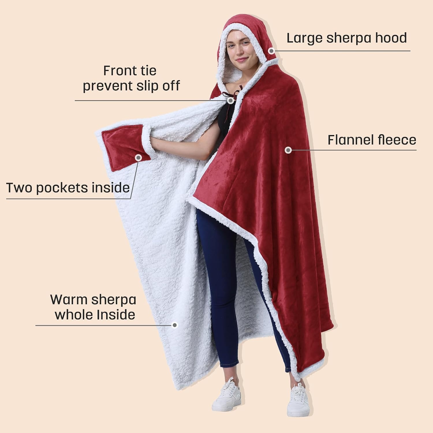 image:imageCatalonia Womens Hooded Blanket Poncho Wearable Blanket with Hand PocketsWine