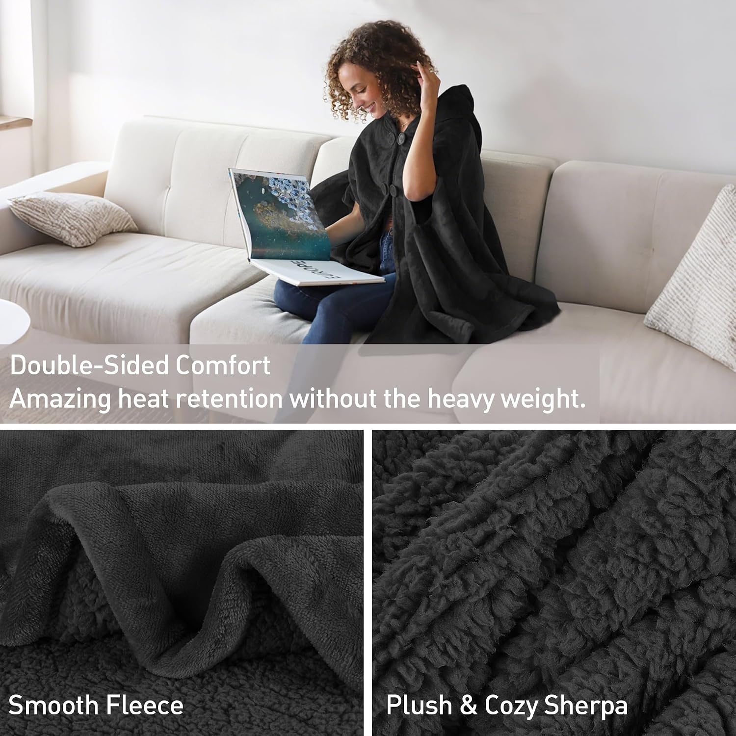image:imageCatalonia Womens Hooded Poncho Cape Oversized Sherpa Fleece Cloak CoatBlack
