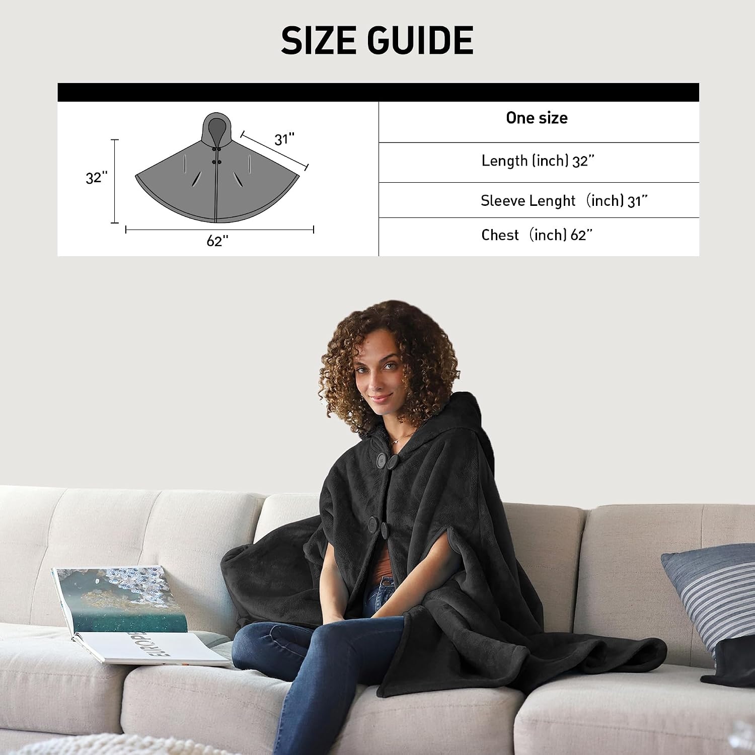 image:imageCatalonia Womens Hooded Poncho Cape Oversized Sherpa Fleece Cloak CoatBlack