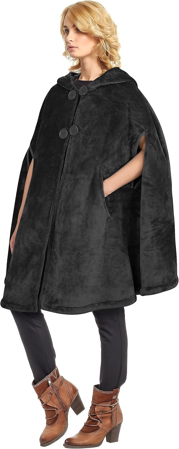image:imageCatalonia Womens Hooded Poncho Cape Oversized Sherpa Fleece Cloak CoatBlack