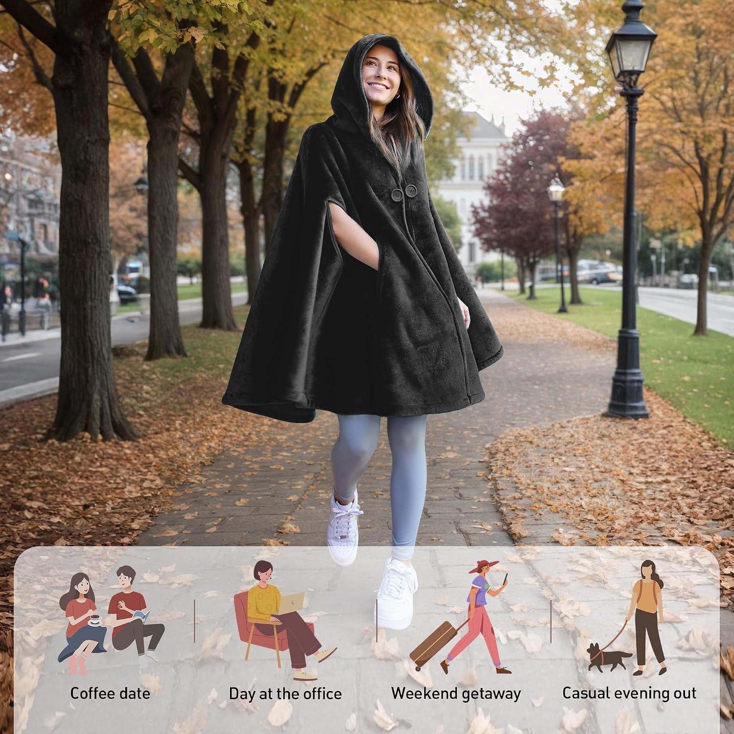 image:imageCatalonia Womens Hooded Poncho Cape Oversized Sherpa Fleece Cloak CoatBlack