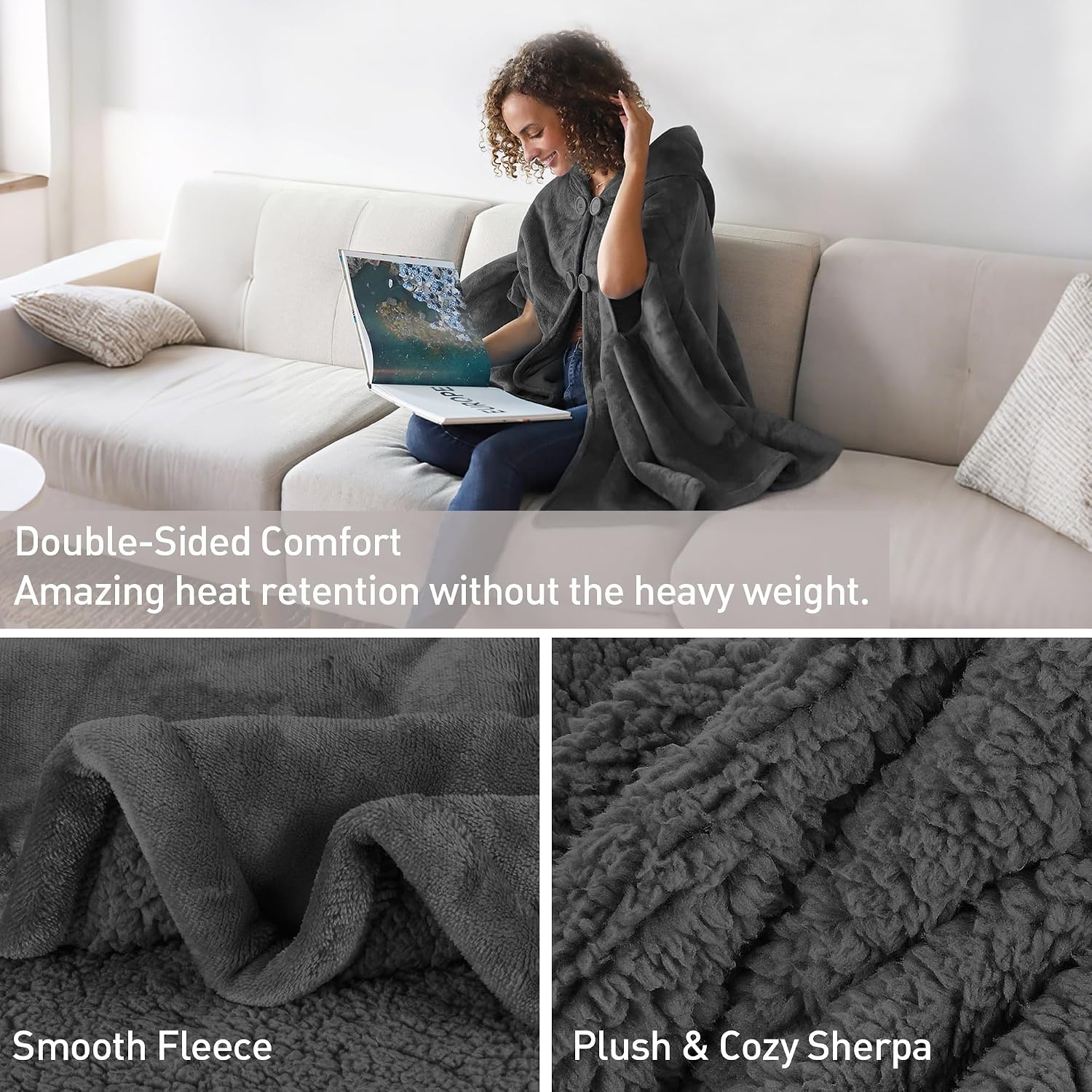 image:imageCatalonia Womens Hooded Poncho Cape Oversized Sherpa Fleece Cloak CoatGrey